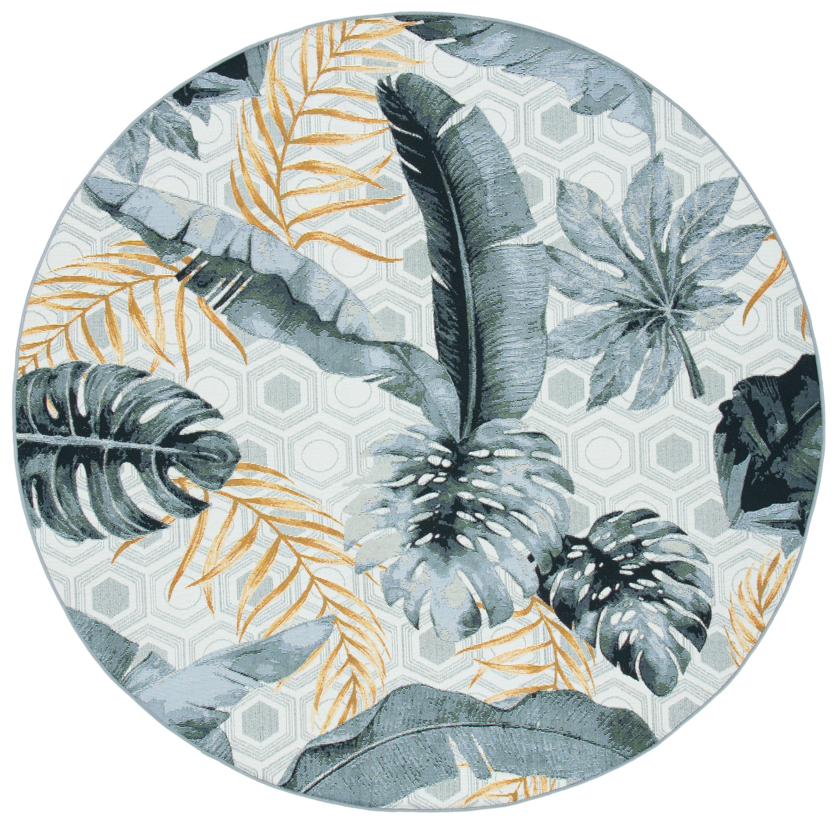Gray and Gold Tropical Botanical Round Synthetic Area Rug, 8' x 8'
