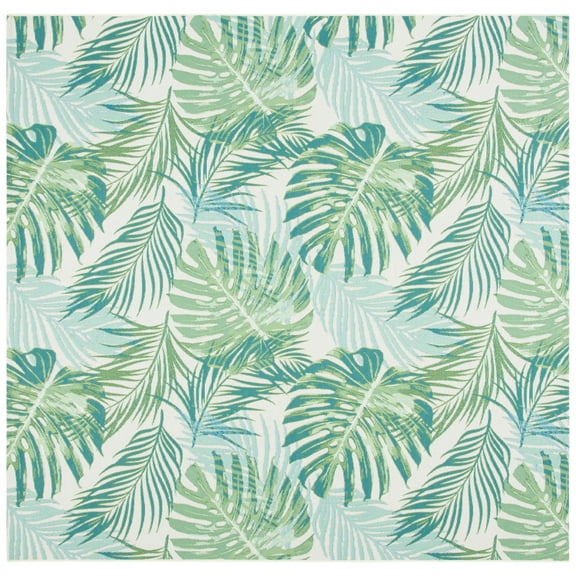 SAFAVIEH Barbados Tropical Palm Leaves Outdoor Area Rug, Green/Teal, 8' x 8' Square