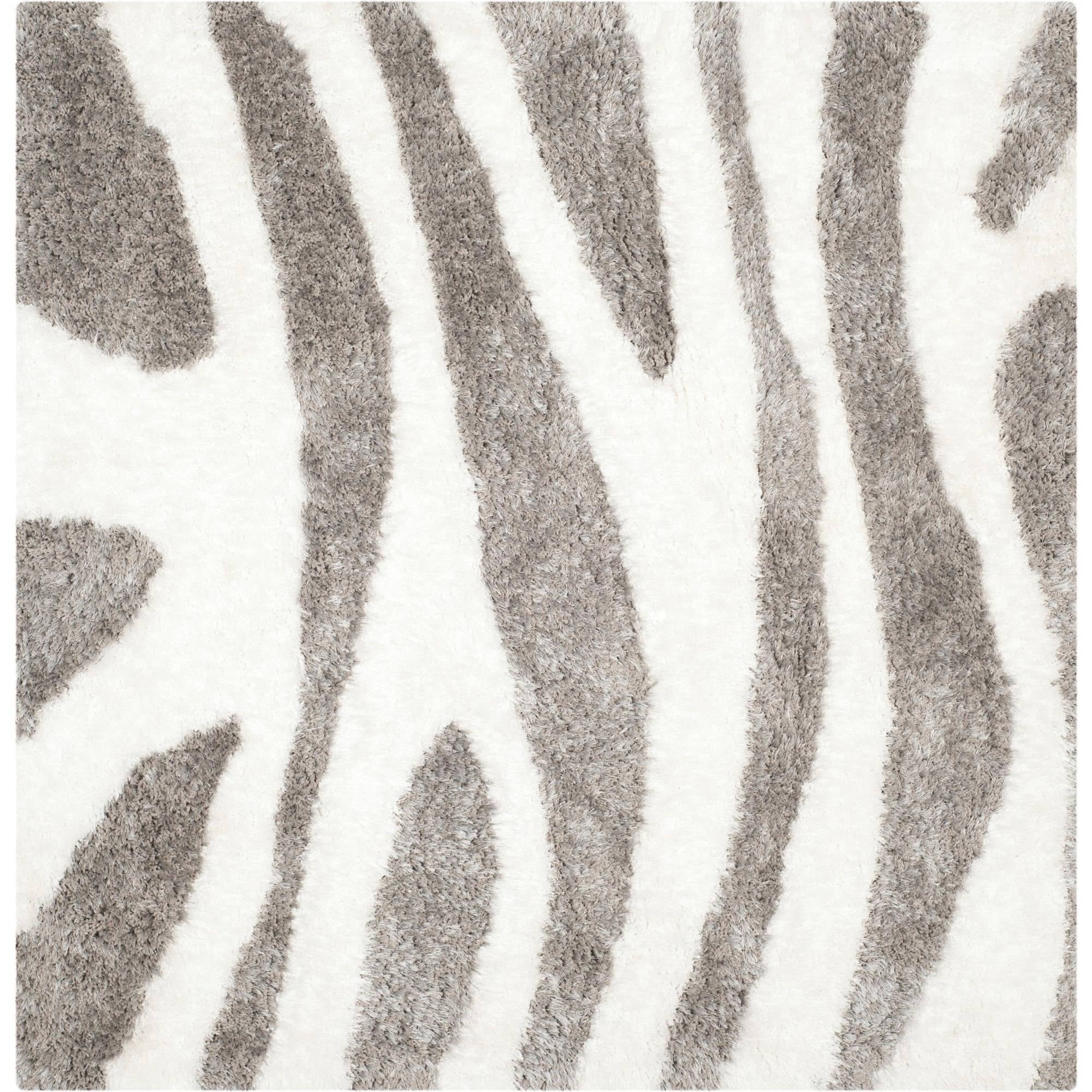 Ivory and Silver Square Hand-Tufted Shag Rug, 5' x 5'