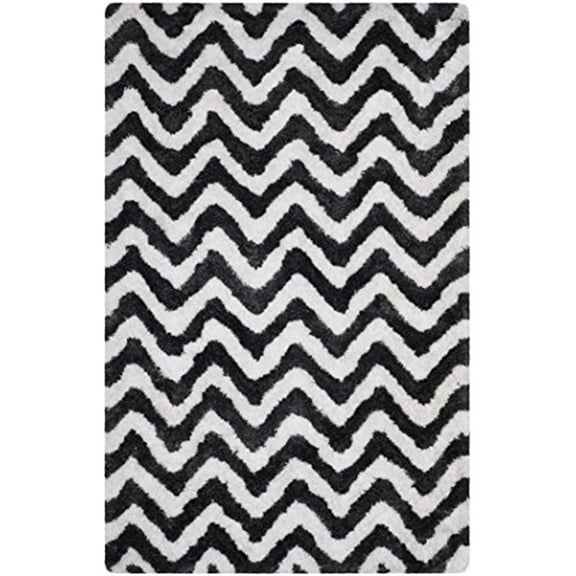 SAFAVIEH Barcelona Carmella Chevron Stripes Shag Area Rug, Graphite/Ivory, 4' x 6'