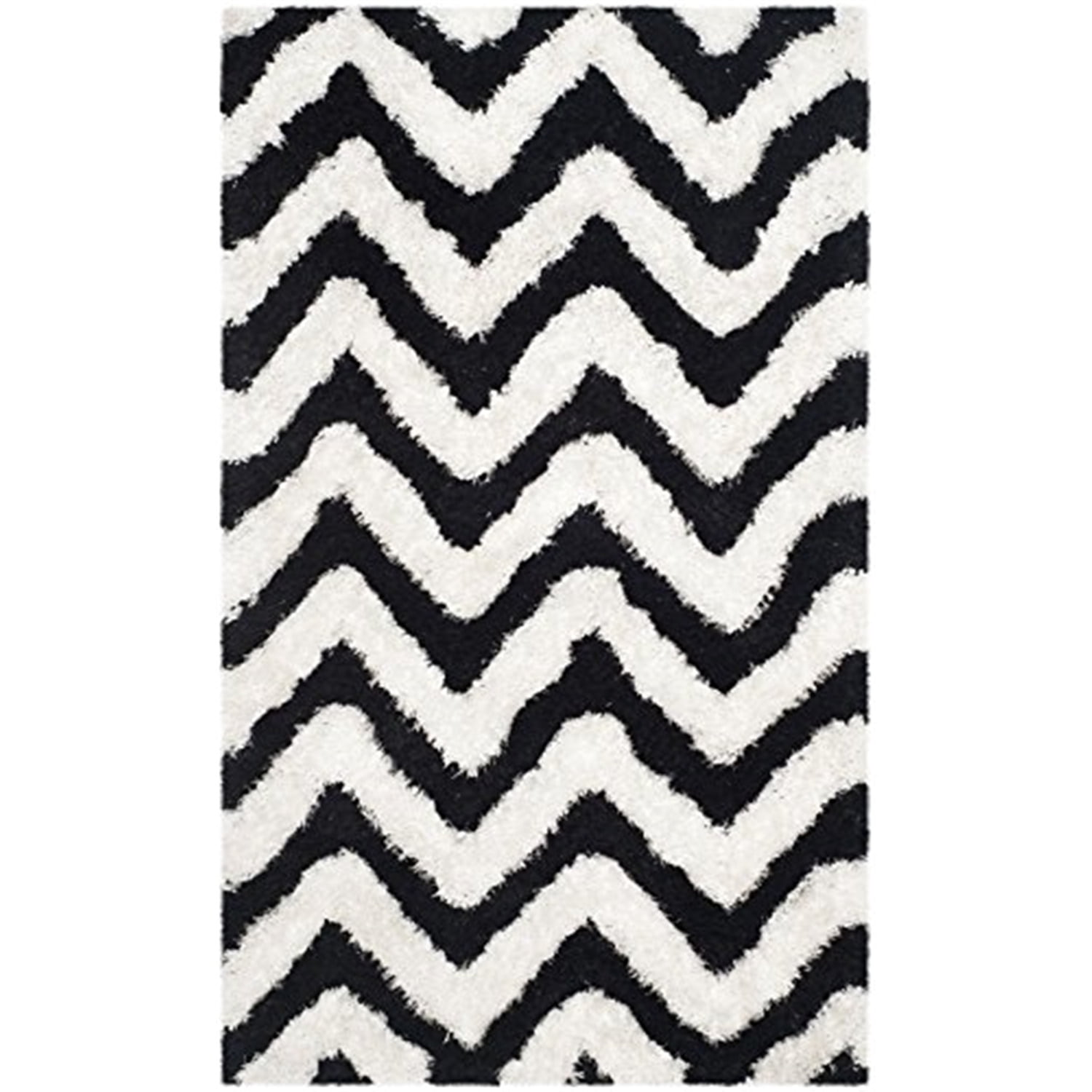 Ivory and Black Chevron Shag Hand-Tufted Wool Rug, 3' x 5'