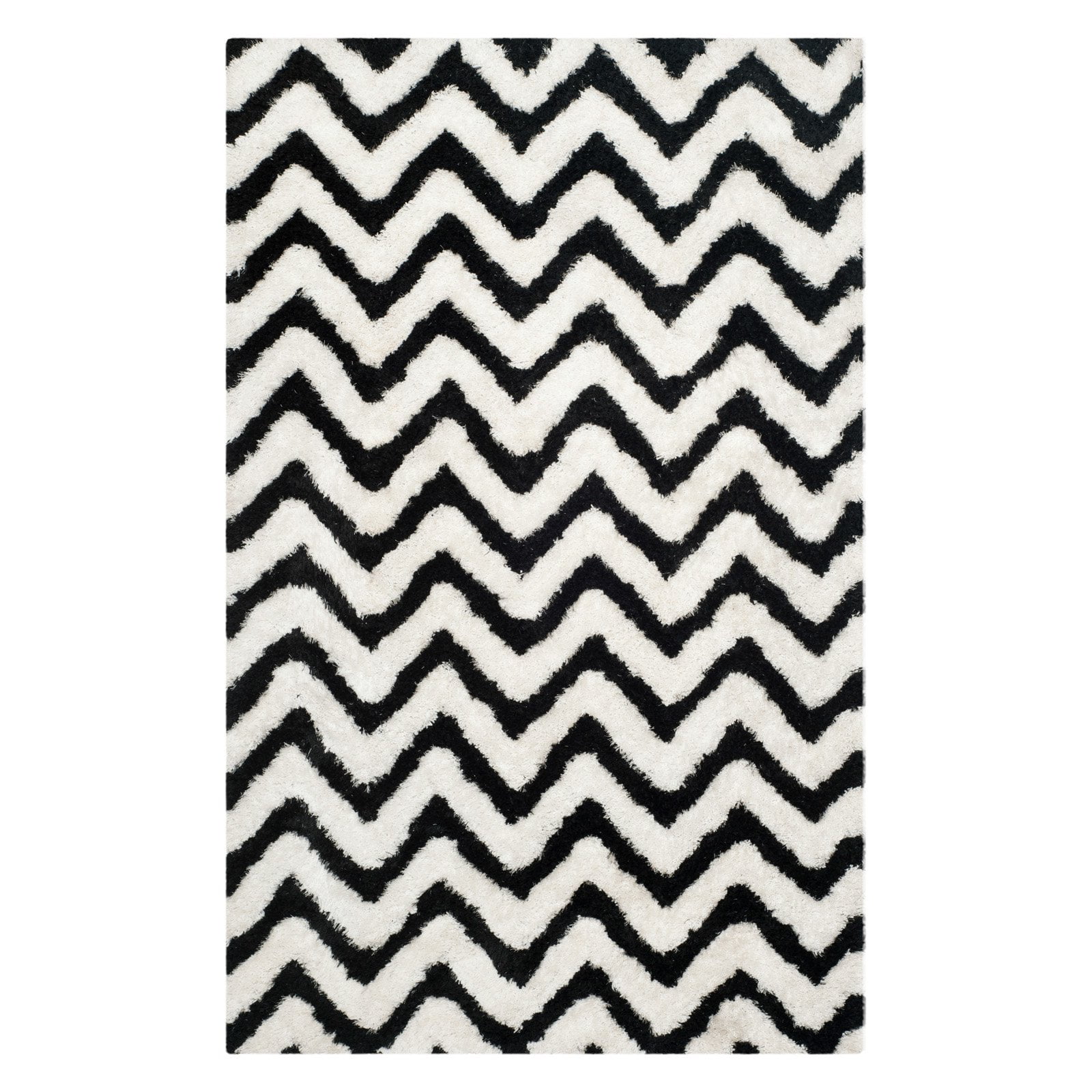 Ivory and Black Chevron Shag Hand-Tufted Wool Rug, 3' x 5'