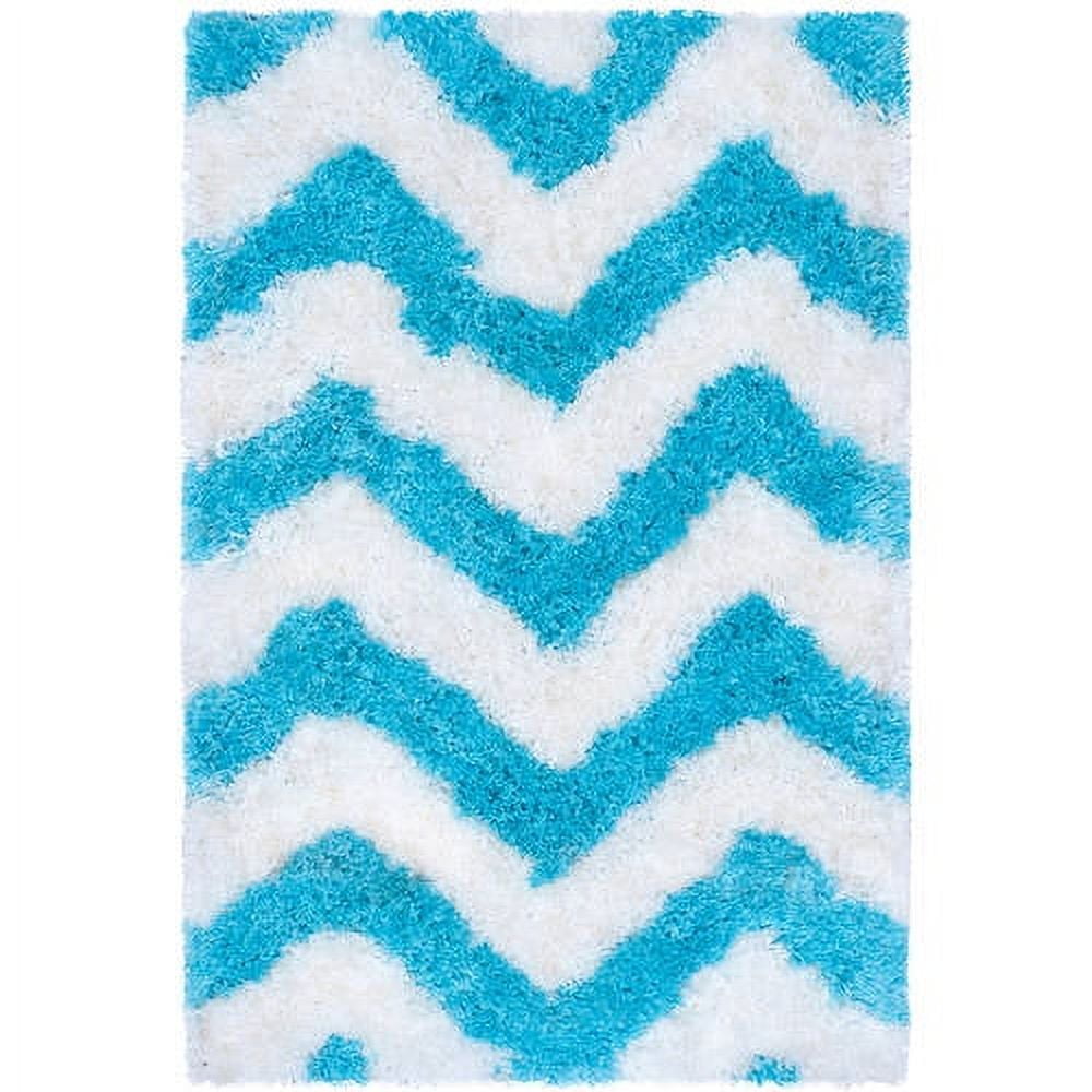Ivory and Blue Chevron Hand-Tufted Shag Rug 2' x 3'