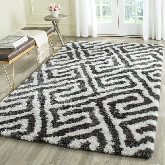 SAFAVIEH Barcelona Dortha Geometric Shag Area Rug, Graphite/Ivory, 4' x 6'