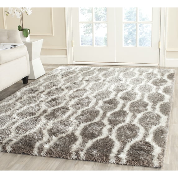 SAFAVIEH Barcelona Melinda Geometric Shag Area Rug, Silver/Ivory, 5' x 8'