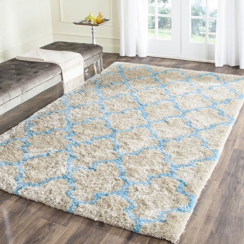 Barcelona Cream and Blue Hand-Tufted Shag Rug, 5' x 8'