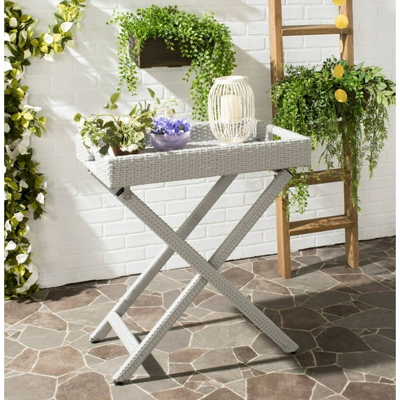 SAFAVIEH Bardia Outdoor Patio Wicker Folding Tray Table, Grey