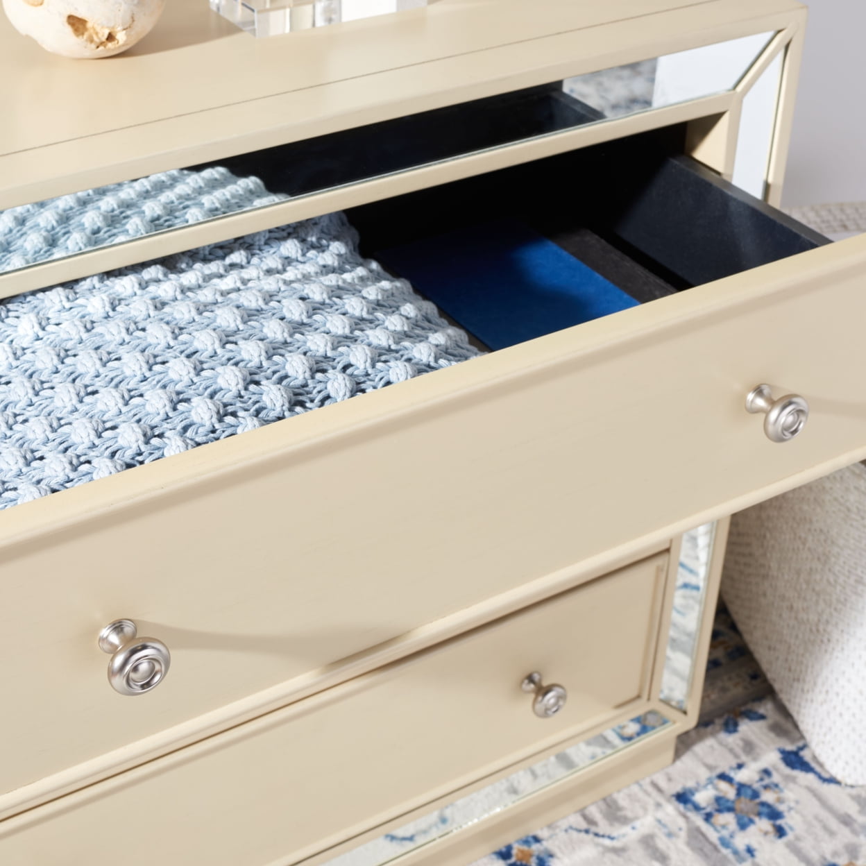 Antique Beige 3-Drawer Mirrored Night Table