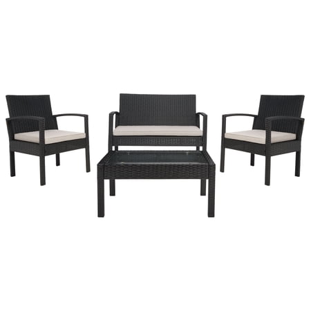 SAFAVIEH Bassey Outdoor Patio 4 Pc Conversation Set, Black/Light Grey