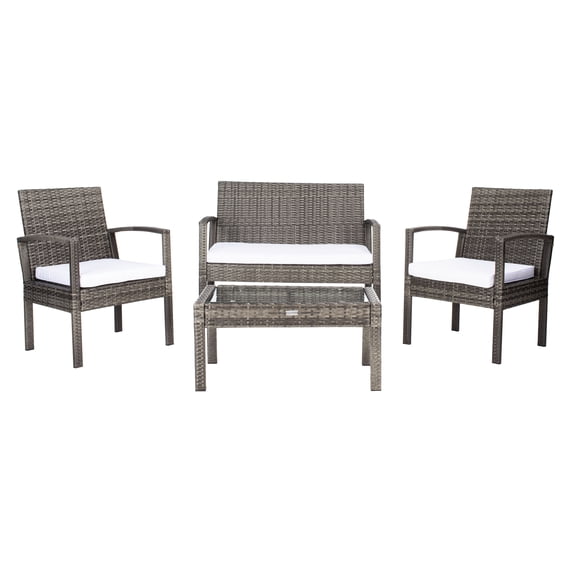 SAFAVIEH Bassey Outdoor Patio 4 Pc Conversation Set, Grey Brown/White