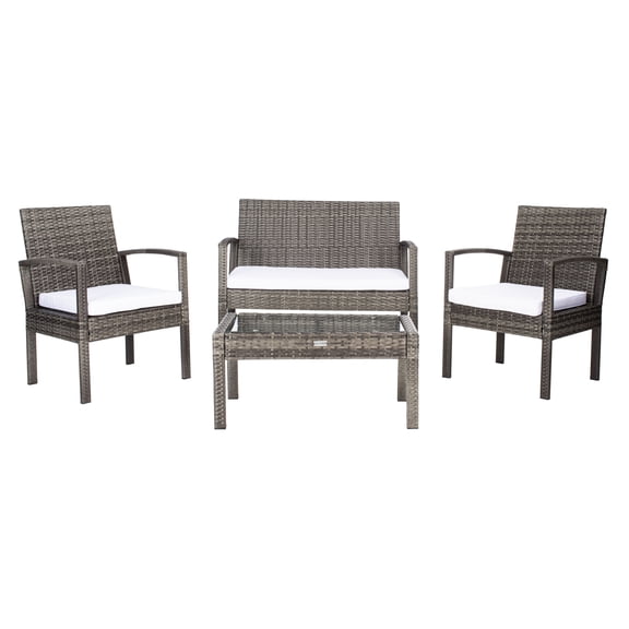 SAFAVIEH Bassey Outdoor Patio 4 Pc Conversation Set, Grey Brown/White