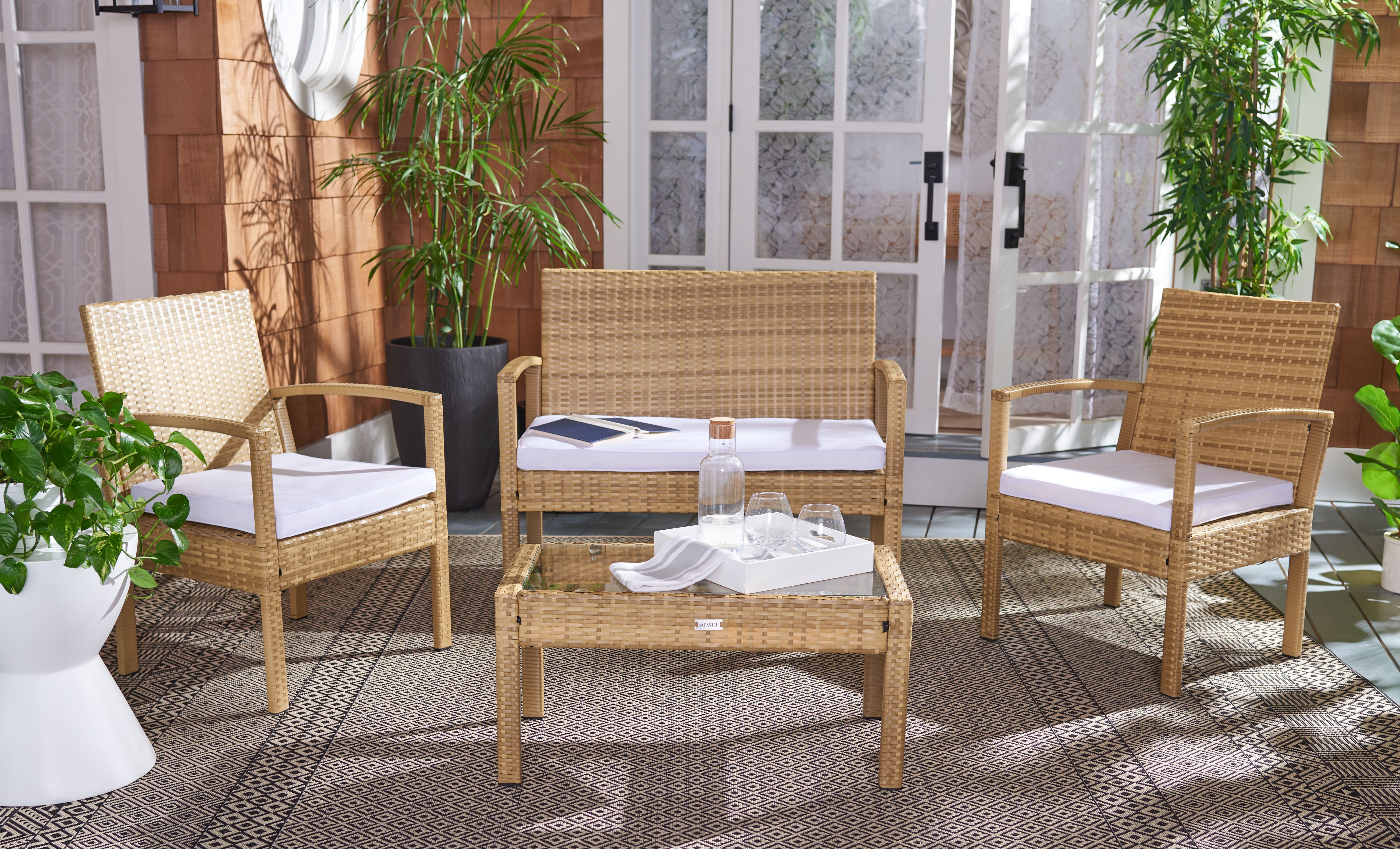 Bassey Natural Wicker 4-Piece Patio Set with White Cushions