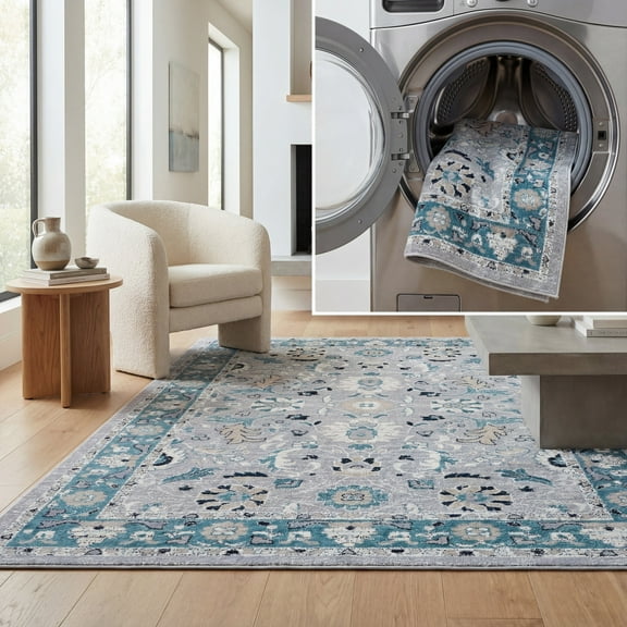SAFAVIEH Bayside Aline Oriental Polyester Area Rug, Blue/Grey, 6'7" x 6'7" Square