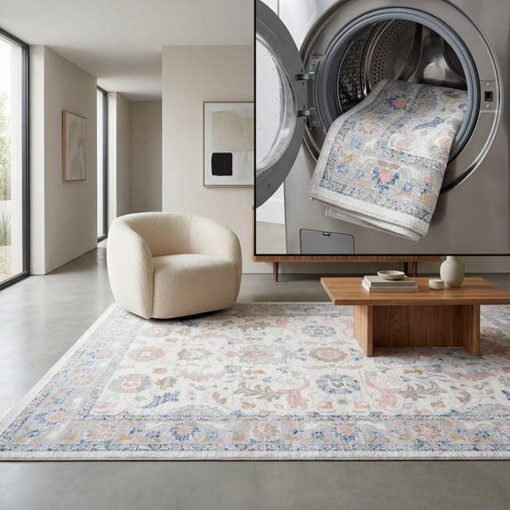 SAFAVIEH Bayside Aline Oriental Polyester Machine Washable Area Rug, Beige/Blue, 10' x 14'