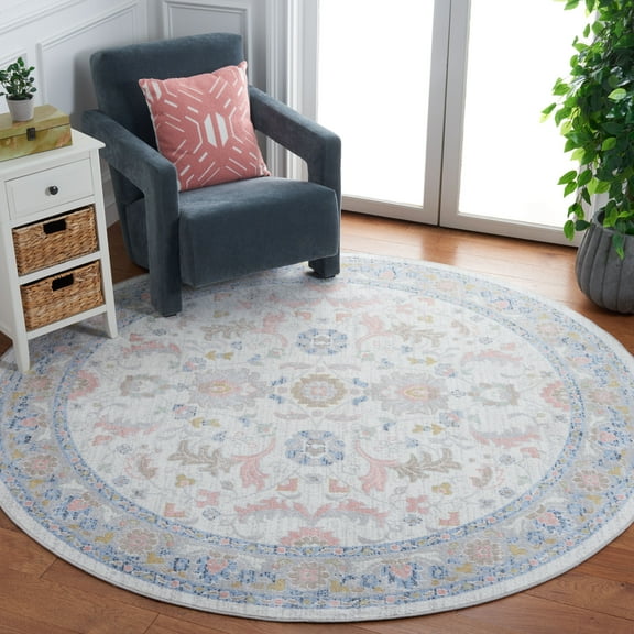 SAFAVIEH Bayside Aline Oriental Polyester Machine Washable Area Rug, Beige/Blue, 3' x 3' Round