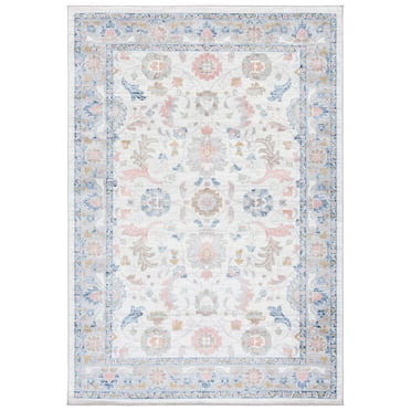 SAFAVIEH Bayside Aline Oriental Polyester Machine Washable Area Rug, Beige/Blue, 6'7" x 9'