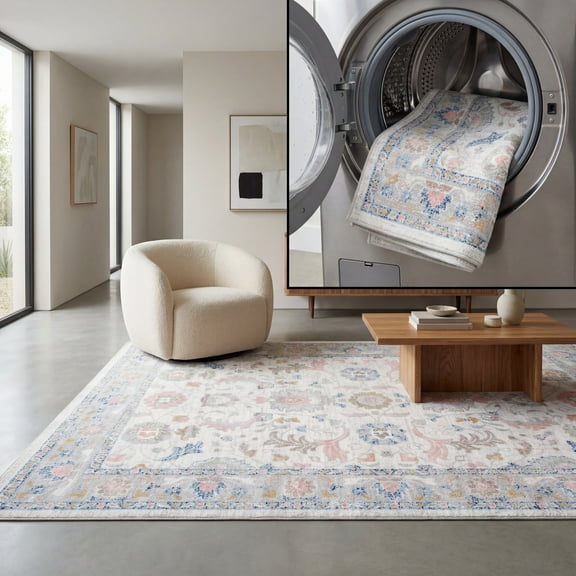 SAFAVIEH Bayside Aline Oriental Polyester Machine Washable Area Rug, Beige/Blue, 4' x 6'