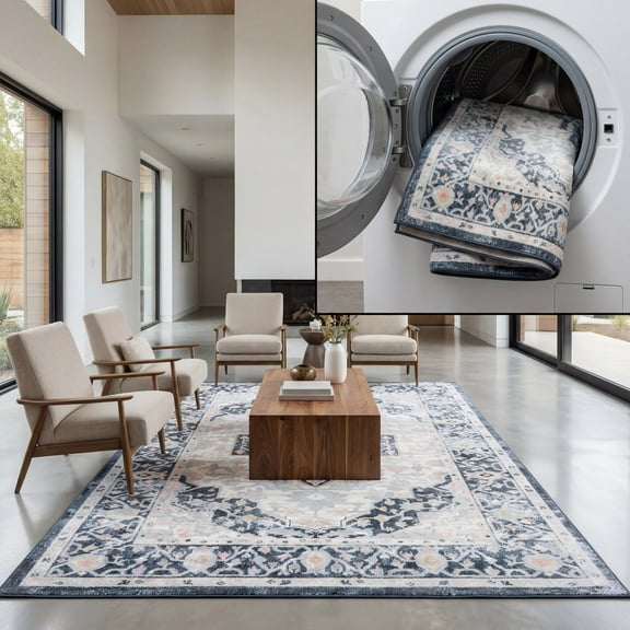 SAFAVIEH Bayside Alyx Oriental Polyester Machine Washable Area Rug, Blue/Ivory, 4' x 6'