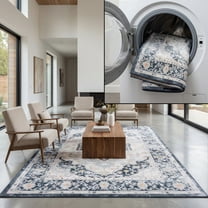 SAFAVIEH Bayside Alyx Oriental Polyester Machine Washable Area Rug, Blue/Ivory, 5'3" x 7'6"