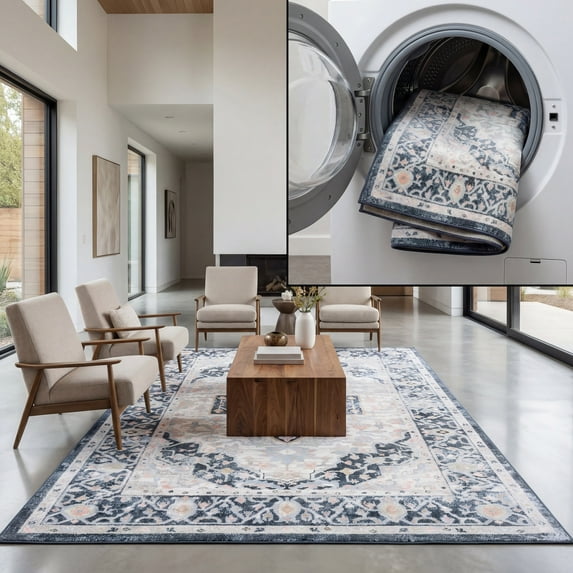 SAFAVIEH Bayside Alyx Oriental Polyester Machine Washable Area Rug, Blue/Ivory, 5'3" x 7'6"