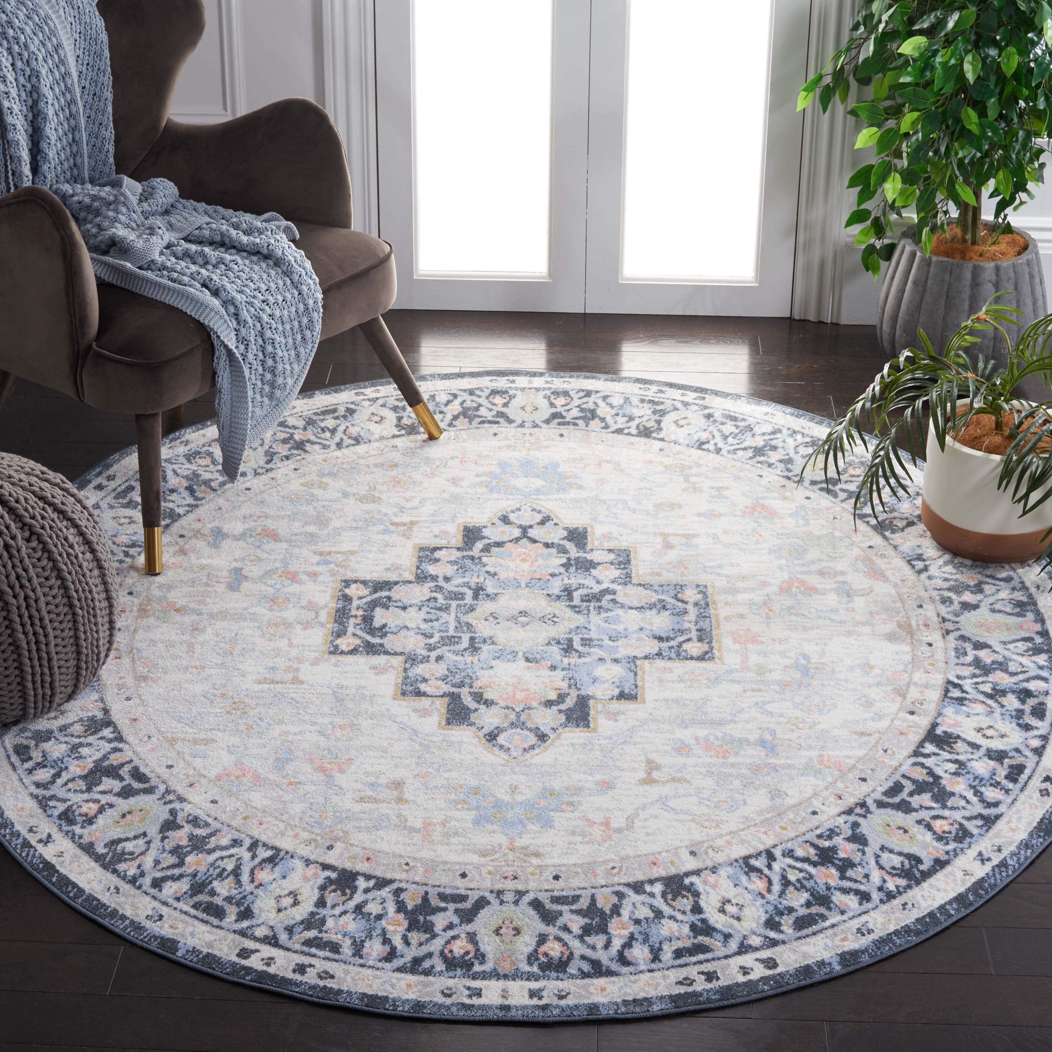 SAFAVIEH Bayside Alyx Oriental Polyester Machine Washable Area Rug, Blue/Ivory, 6'7" x 6'7" Round