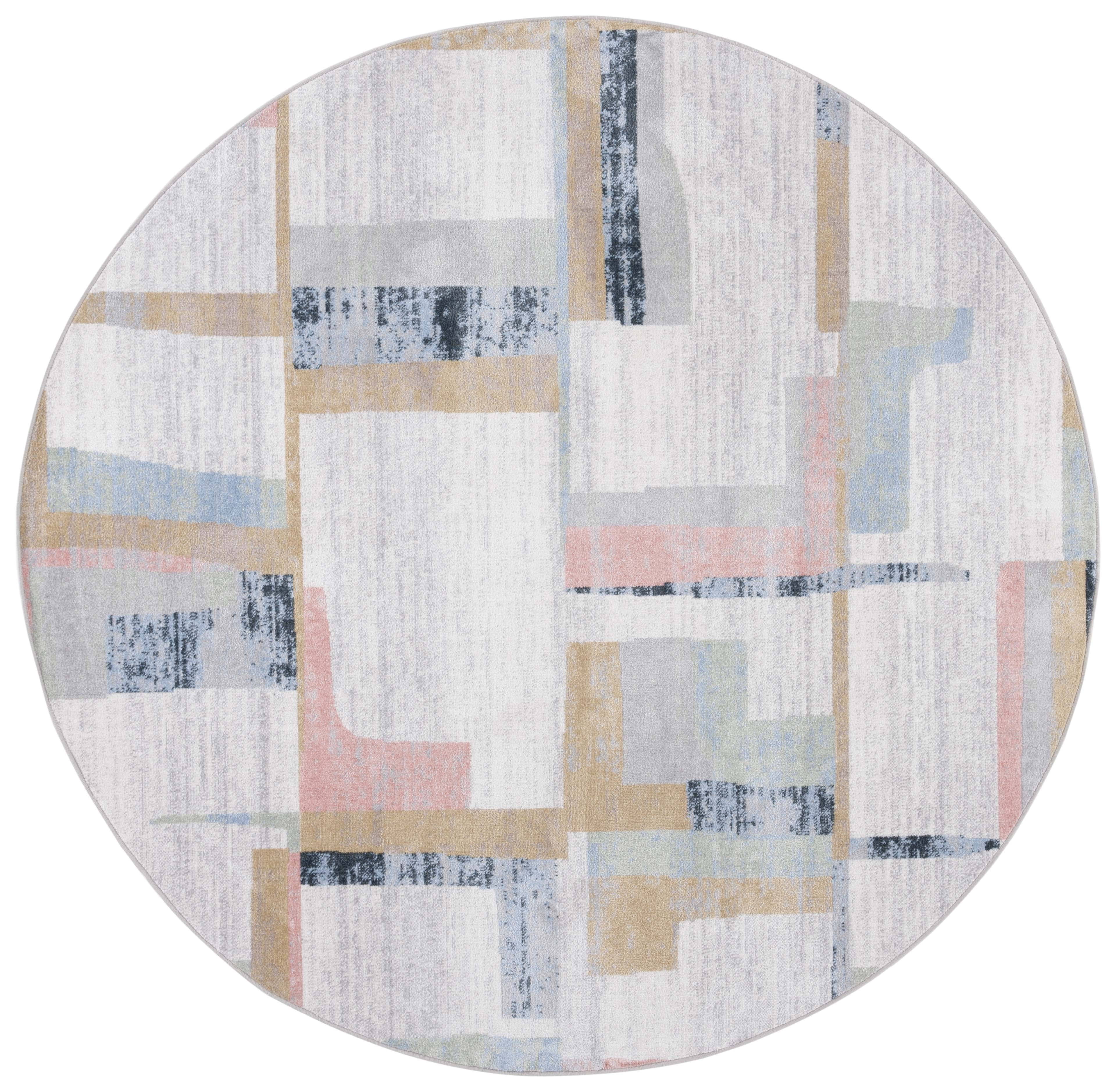 Ivory and Blue Rust Round Synthetic Area Rug, 6'7"