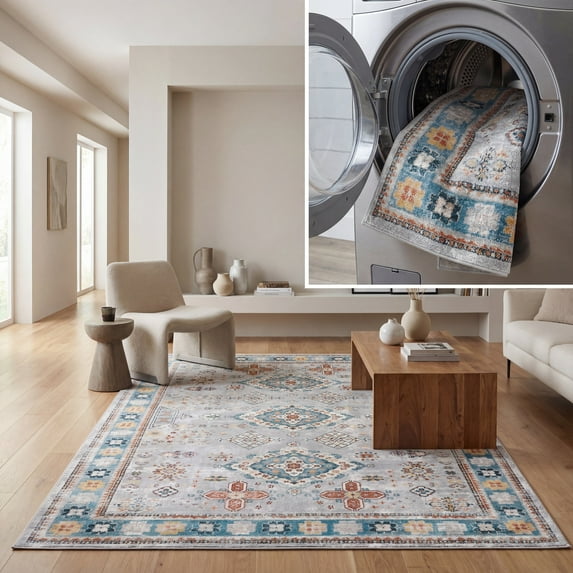 SAFAVIEH Bayside Bruno Oriental Polyester Machine Washable Area Rug, Light Gray/Blue, 4' x 6'