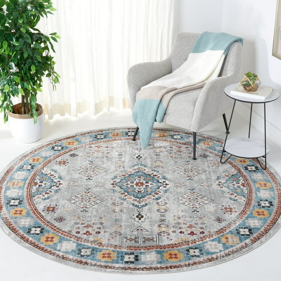 SAFAVIEH Bayside Bruno Oriental Polyester Machine Washable Area Rug, Light Gray/Blue, 6'7" x 6'7" Round