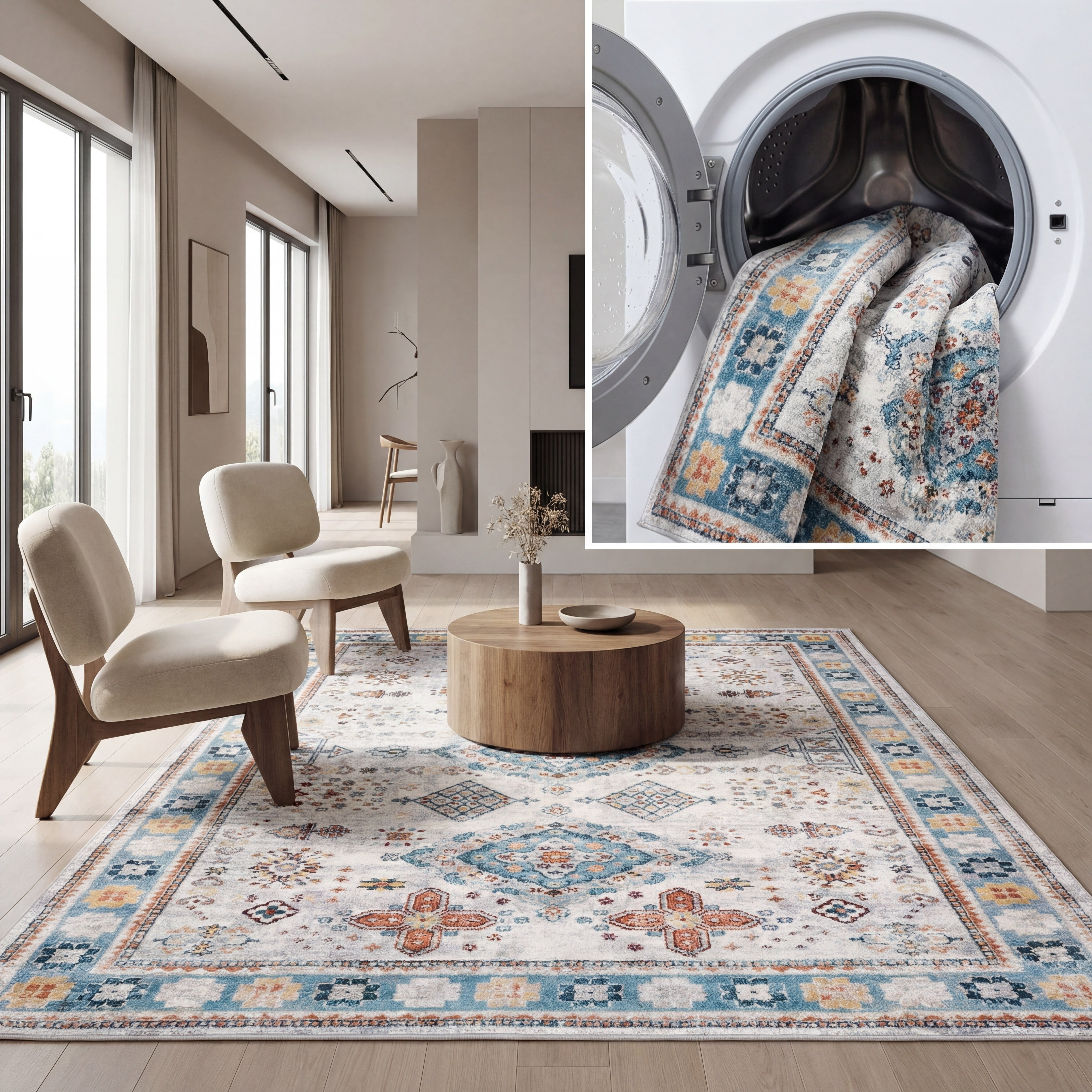 SAFAVIEH Bayside Bruno Oriental Polyester Machine Washable Area Rug, Gray/Blue, 8' x 10'