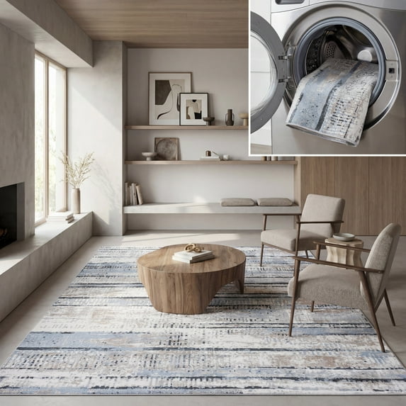 SAFAVIEH Bayside Donella Abstract Polyester Machine Washable Area Rug, Blue/Gold, 8' x 10'