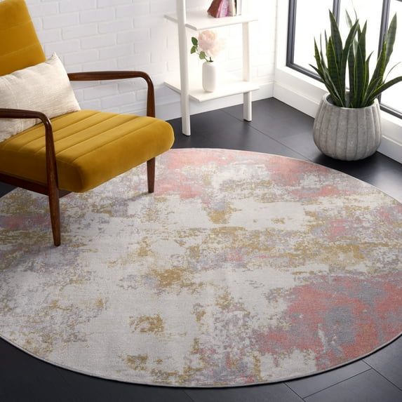 SAFAVIEH Bayside Everard Abstract Polyester Machine Washable Area Rug, Ivory/Gray Pink, 6'7" x 6'7" Round