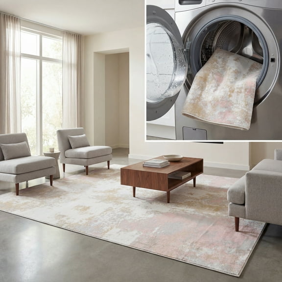 SAFAVIEH Bayside Everard Abstract Polyester Machine Washable Area Rug, Ivory/Gray Pink, 6'7" x 9'