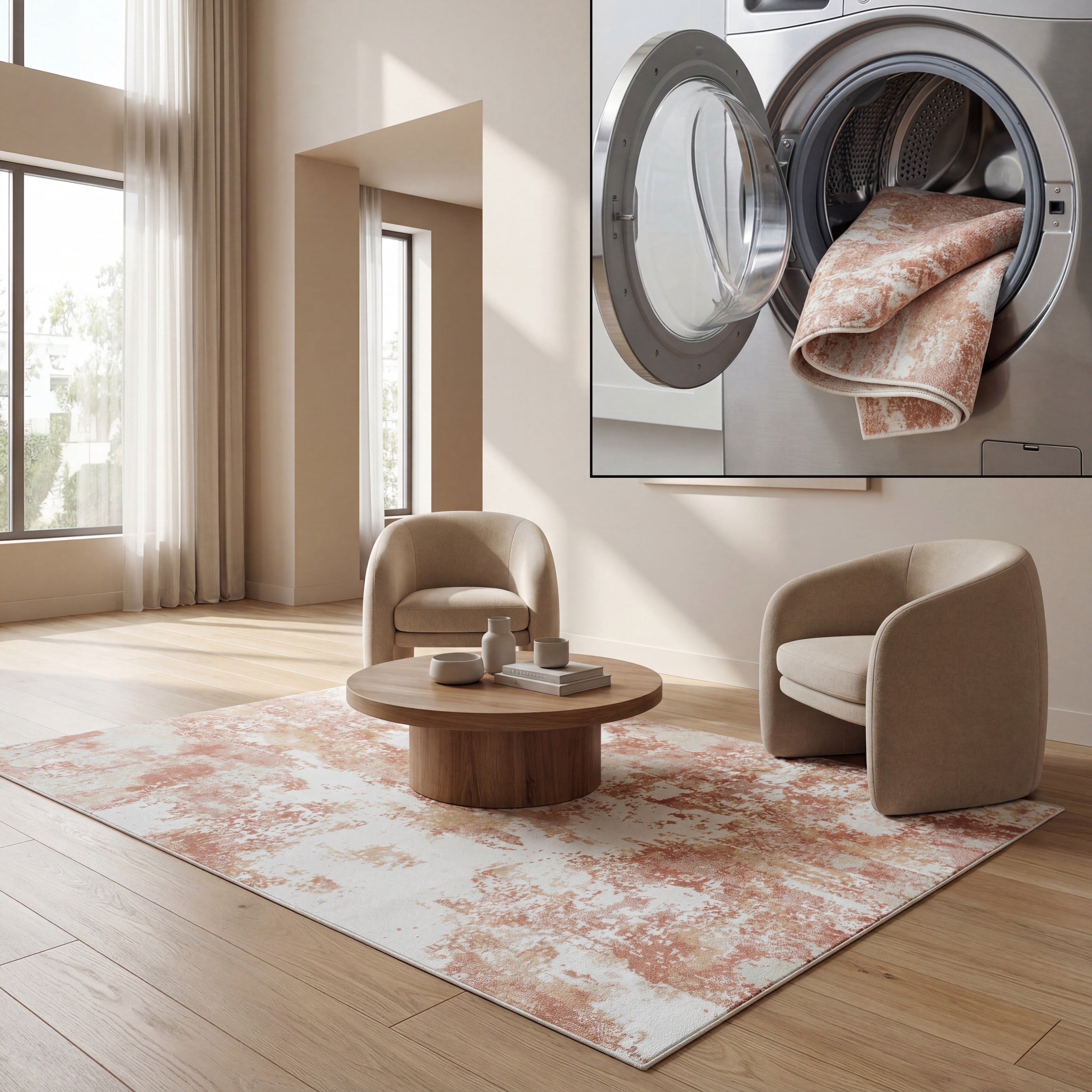 SAFAVIEH Bayside Everard Abstract Polyester Machine Washable Area Rug, Ivory/Orange Beige, 4' x 6'