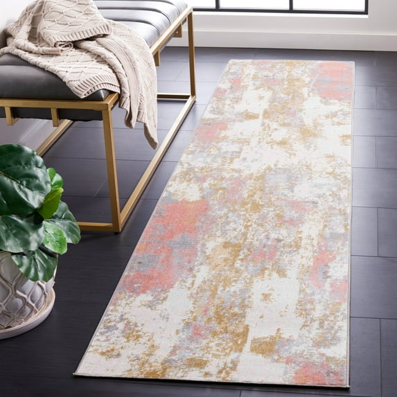 SAFAVIEH Bayside Everard Abstract Polyester Machine Washable Runner Rug, Ivory/Gray Pink, 2'2" x 8'