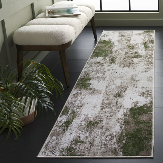 SAFAVIEH Bayside Everard Abstract Polyester Runner Rug, Ivory/Green, 2'2" x 8'