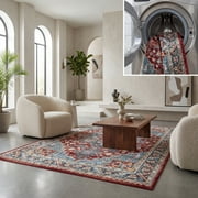 SAFAVIEH Bayside Gemma Oriental Polyester Machine Washable Area Rug, Blue/Red, 5'3" x 7'6"