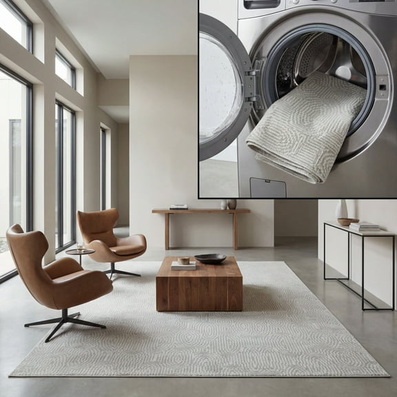 SAFAVIEH Bayside Hubert Texture Polyester Machine Washable Area Rug, Ivory/Light Gray, 5'3" x 7'6"