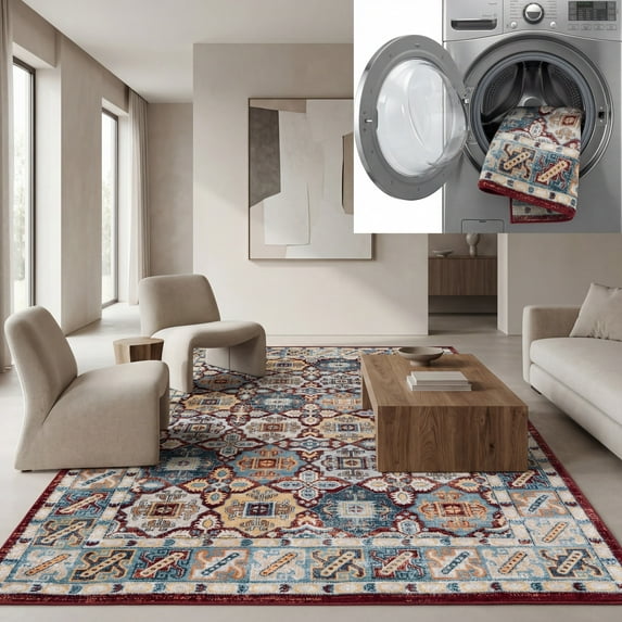 SAFAVIEH Bayside Jarvis Oriental Polyester Machine Washable Area Rug, Blue/Red, 4' x 6'