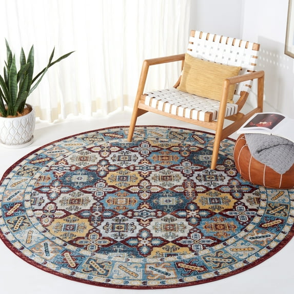 SAFAVIEH Bayside Jarvis Oriental Polyester Machine Washable Area Rug, Blue/Red, 6'7" x 6'7" Round