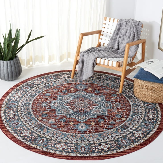 SAFAVIEH Bayside Keila Oriental Polyester Machine Washable Area Rug, Red/Blue, 6'7" x 6'7" Round