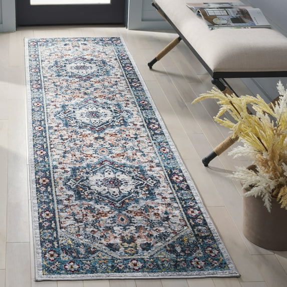 SAFAVIEH Bayside Keila Oriental Polyester Machine Washable Runner Rug, Blue/Gray, 2'2" x 8'