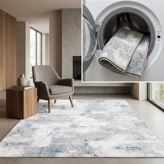 SAFAVIEH Bayside Lincoln Abstract Polyester Machine Washable Area Rug, Blue/Gray, 8' x 10'
