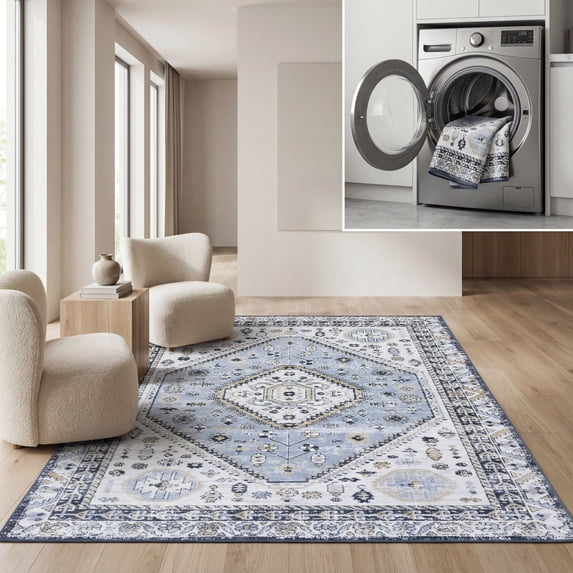 SAFAVIEH Bayside Sherwood Oriental Polyester Area Rug, Blue/Navy, 4' x 6'
