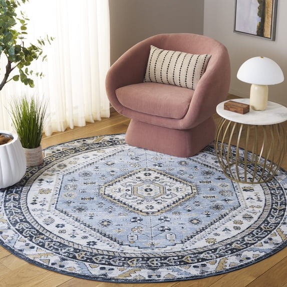 SAFAVIEH Bayside Sherwood Oriental Polyester Area Rug, Blue/Navy, 6'7" x 6'7" Round