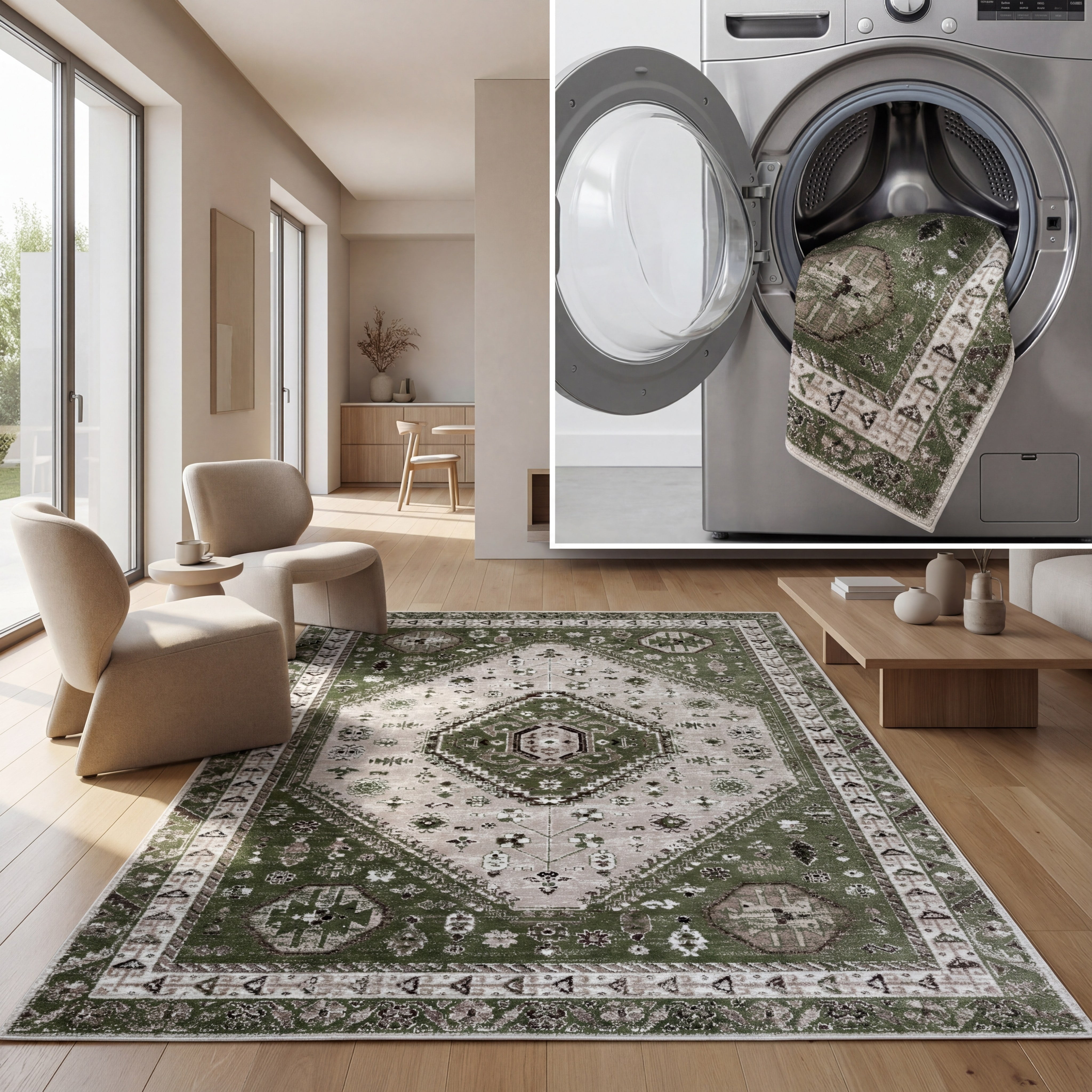 SAFAVIEH Bayside Sherwood Oriental Polyester Area Rug, Green/Beige, 5'3" x 7'6"