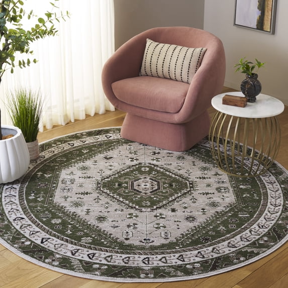 SAFAVIEH Bayside Sherwood Oriental Polyester Area Rug, Green/Beige, 6'7" x 6'7" Round