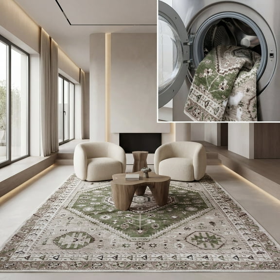 SAFAVIEH Bayside Sherwood Oriental Polyester Area Rug, Green/Ivory, 4' x 6'