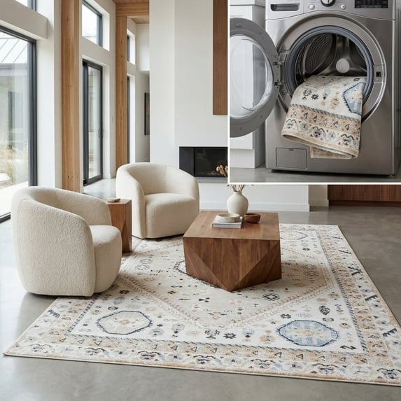 SAFAVIEH Bayside Sherwood Oriental Polyester Machine Washable Area Rug, Ivory/Beige Blue, 9' x 12'