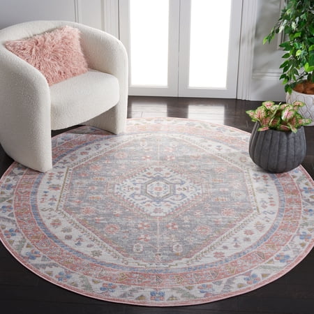 SAFAVIEH Bayside Sherwood Oriental Polyester Machine Washable Area Rug, Ivory/Blue Pink, 3' x 3' Round
