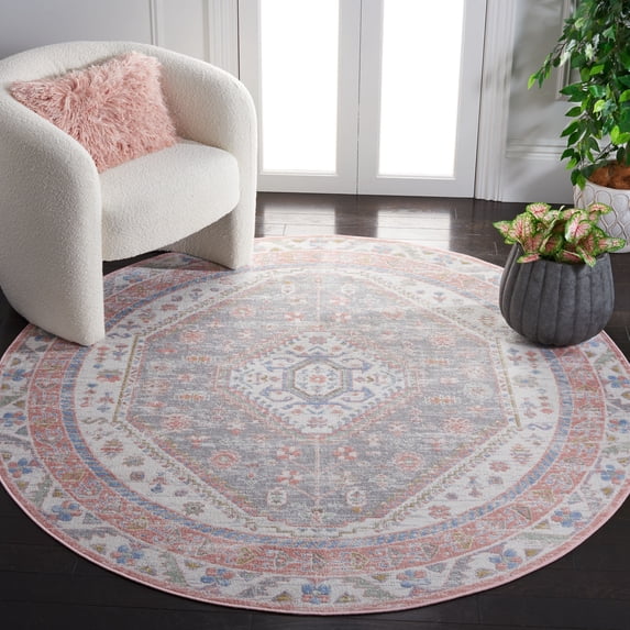 SAFAVIEH Bayside Sherwood Oriental Polyester Machine Washable Area Rug, Ivory/Blue Pink, 3' x 3' Round